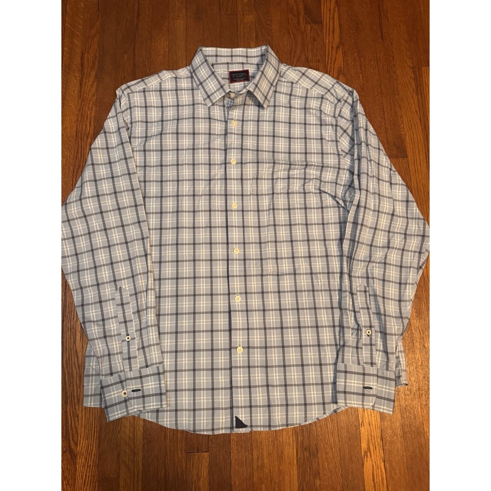 Untuckit Shirt Mens XL Blue Plaid Stretch‎ Nylon Casual Modern Torgiano Reg Fit